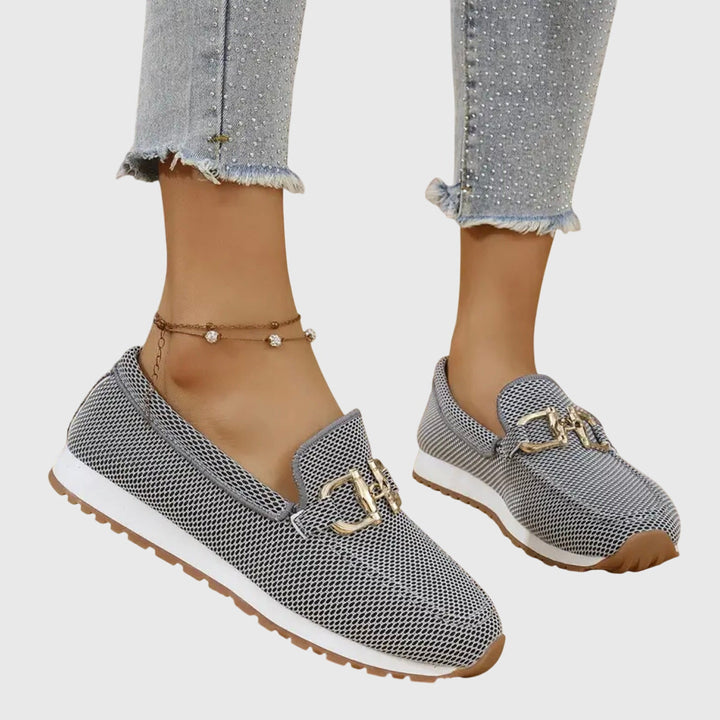 Women's Slip-On Loafers with Gold-Tone Buckle and Textured Upper