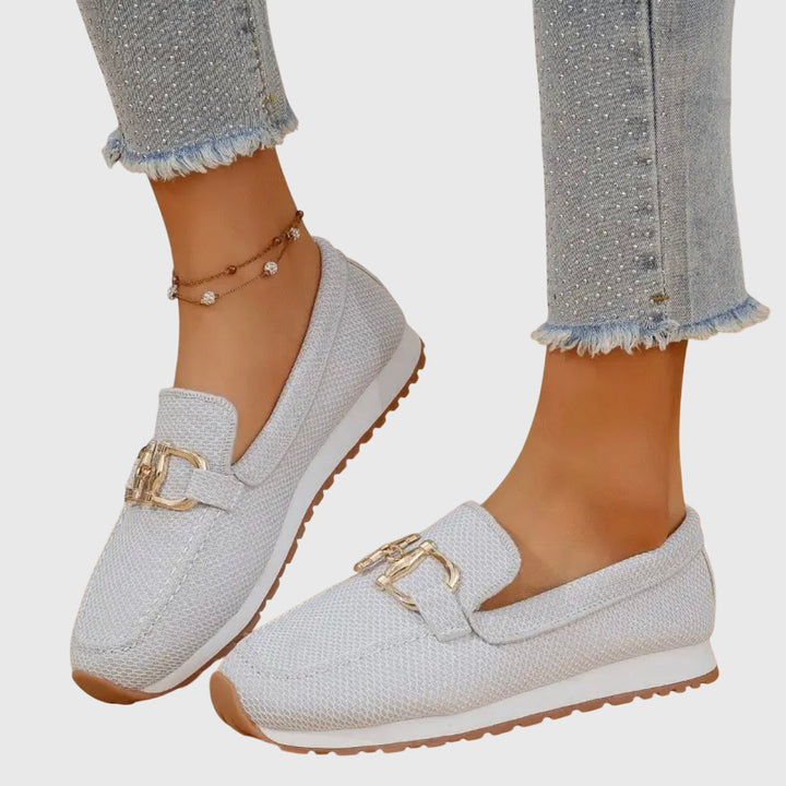 Women's Slip-On Loafers with Gold-Tone Buckle and Textured Upper