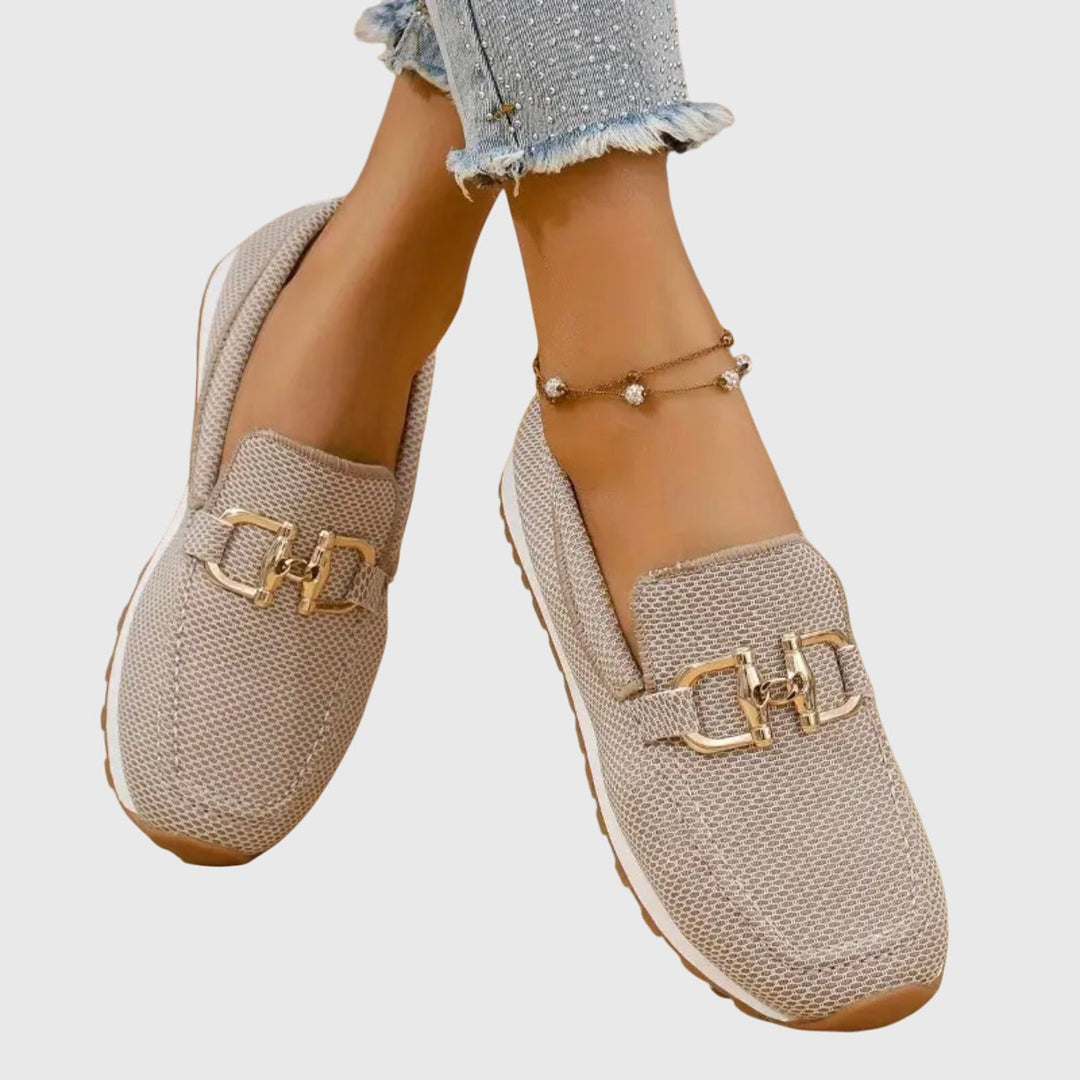Women's Slip-On Loafers with Gold-Tone Buckle and Textured Upper