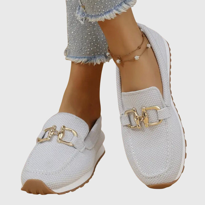 Women's Slip-On Loafers with Gold-Tone Buckle and Textured Upper