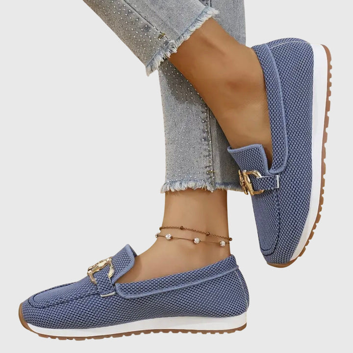 Women's Slip-On Loafers with Gold-Tone Buckle and Textured Upper