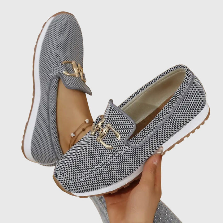 Women's Slip-On Loafers with Gold-Tone Buckle and Textured Upper