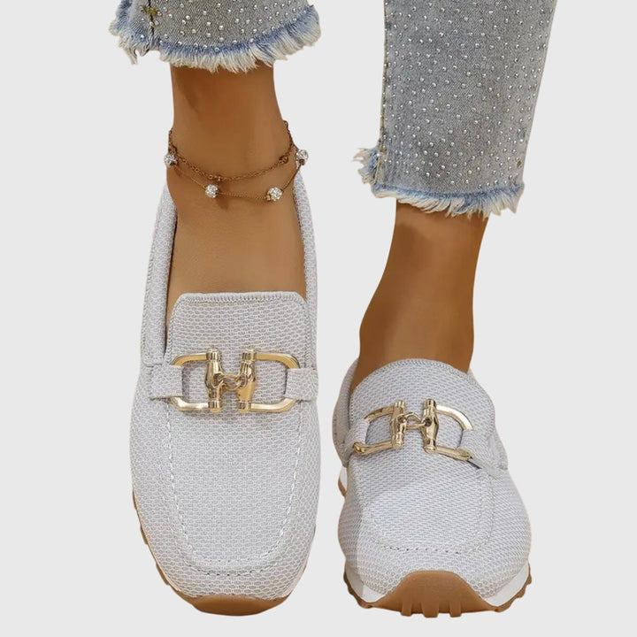Women's Slip-On Loafers with Gold-Tone Buckle and Textured Upper