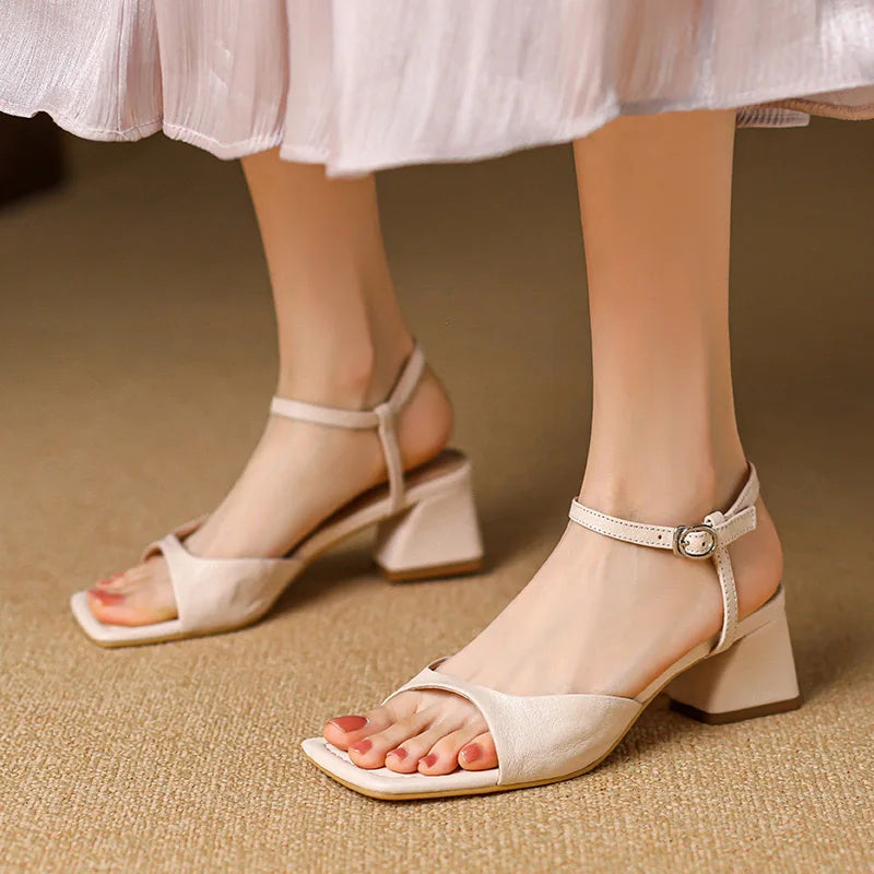 Women's Square Toe Block Heel Ankle Strap Sandals