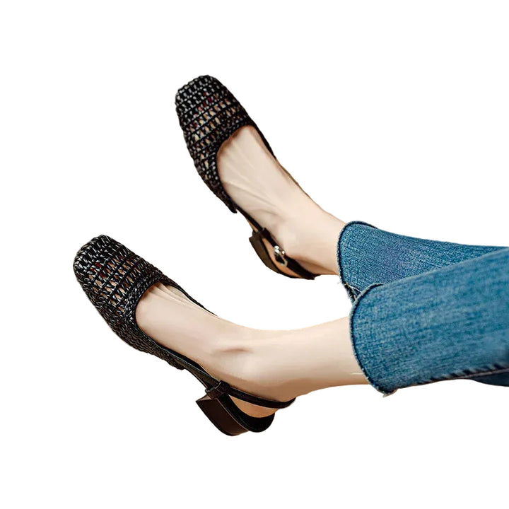 Women's Square Toe Woven Low Block Heel Pumps with Slingback Strap