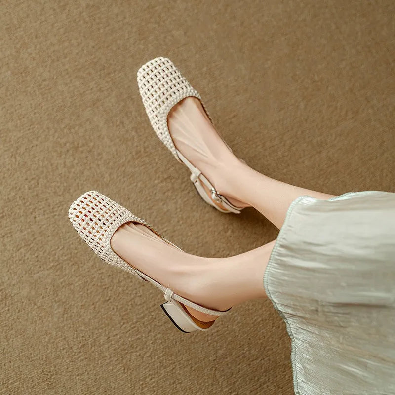 Women's Square Toe Woven Low Block Heel Pumps with Slingback Strap