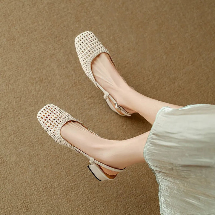 Women's Square Toe Woven Low Block Heel Pumps with Slingback Strap