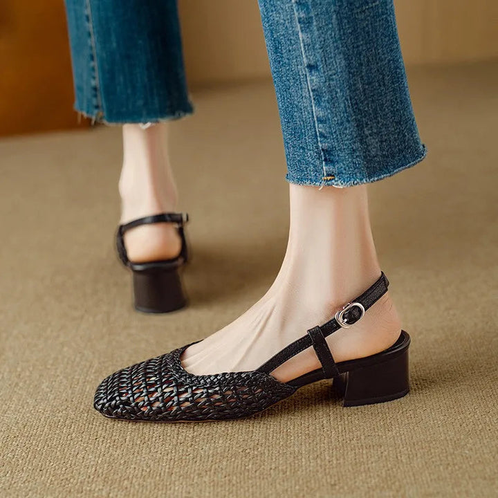 Women's Square Toe Woven Low Block Heel Pumps with Slingback Strap