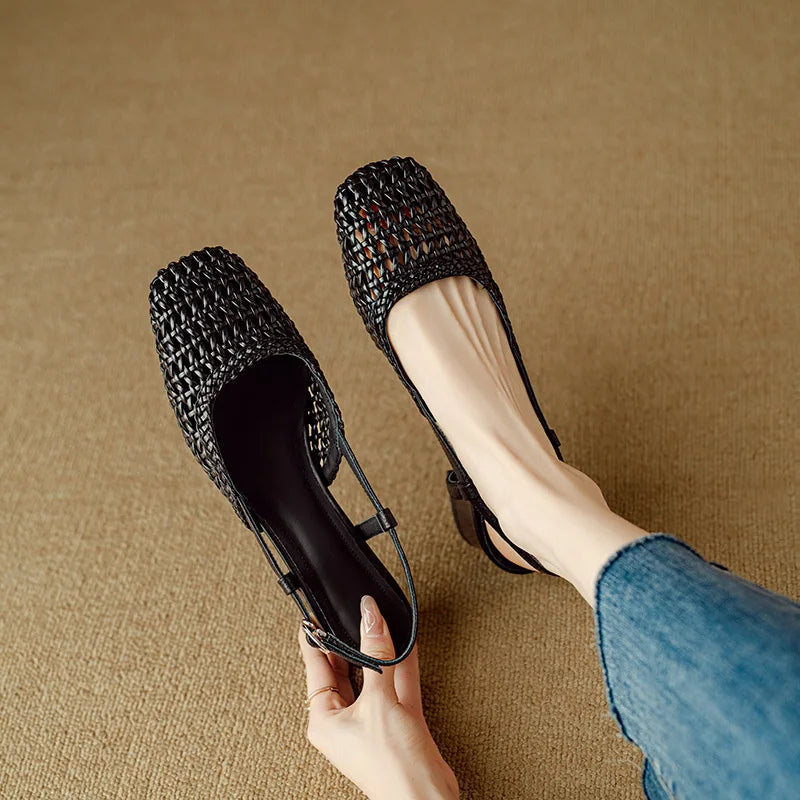 Women's Square Toe Woven Low Block Heel Pumps with Slingback Strap