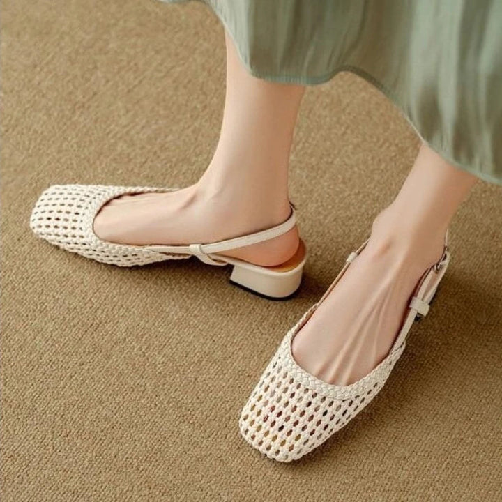 Women's Square Toe Woven Low Block Heel Pumps with Slingback Strap
