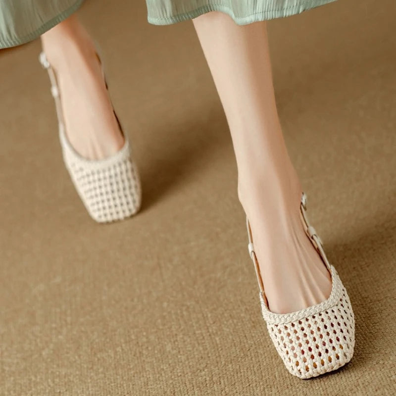 Women's Square Toe Woven Low Block Heel Pumps with Slingback Strap
