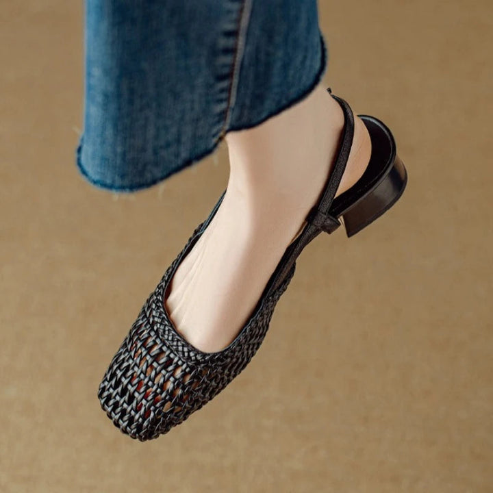 Women's Square Toe Woven Low Block Heel Pumps with Slingback Strap