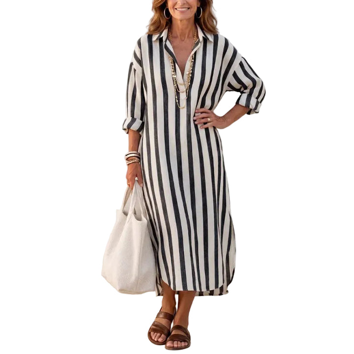 Women's Striped Collared Shirt Midi Dress