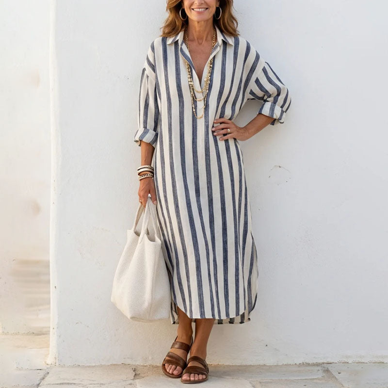 Women's Striped Collared Shirt Midi Dress