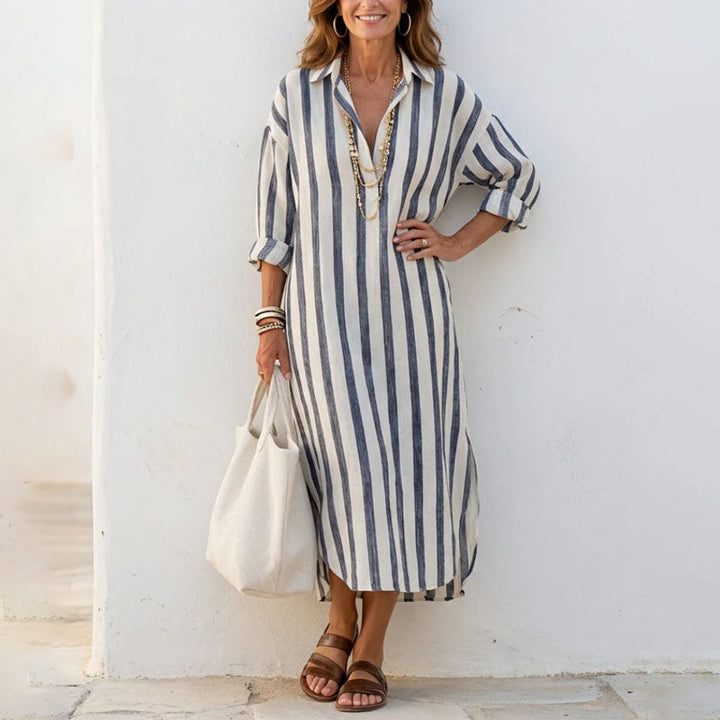 Women's Striped Collared Shirt Midi Dress