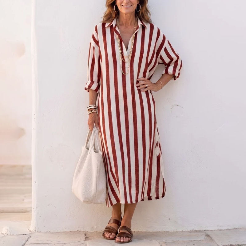 Women's Striped Collared Shirt Midi Dress