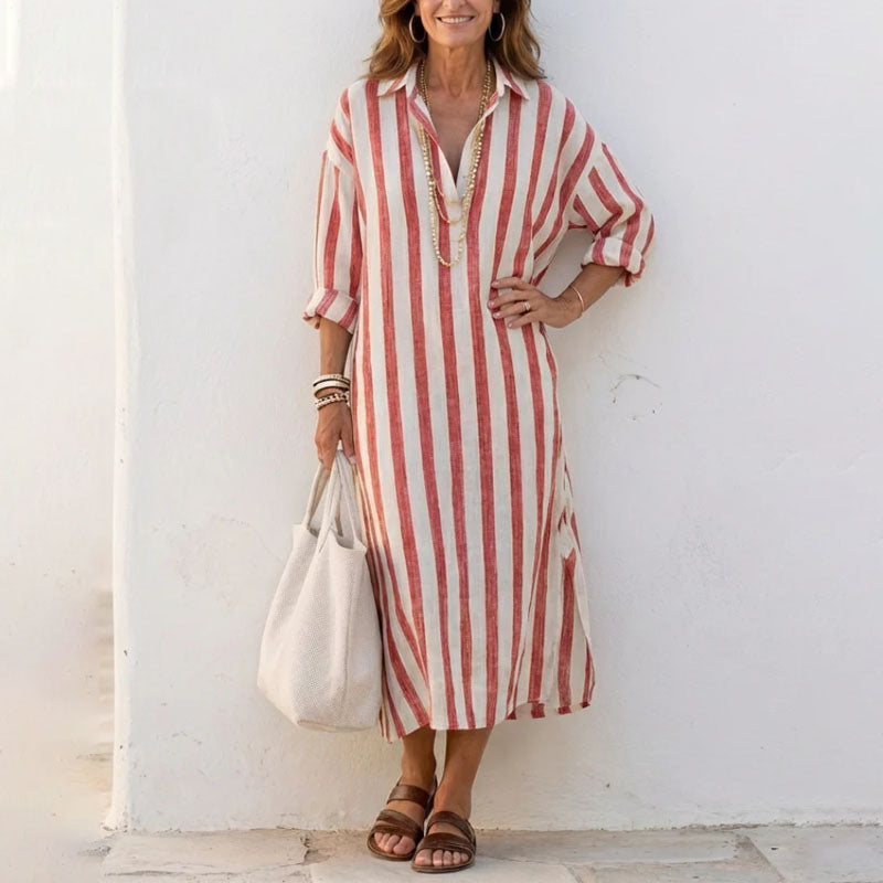 Women's Striped Collared Shirt Midi Dress
