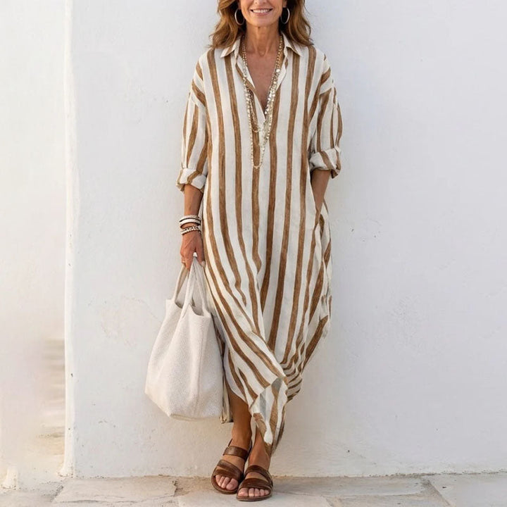 Women's Striped Collared Shirt Midi Dress