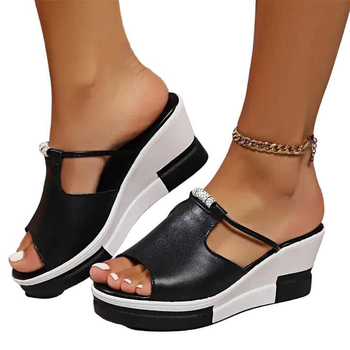 Women's T-Bar Wedge Slide Sandals with Rhinestone Detail