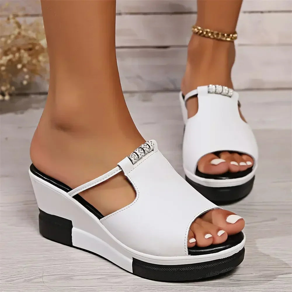 Women's T-Bar Wedge Slide Sandals with Rhinestone Detail