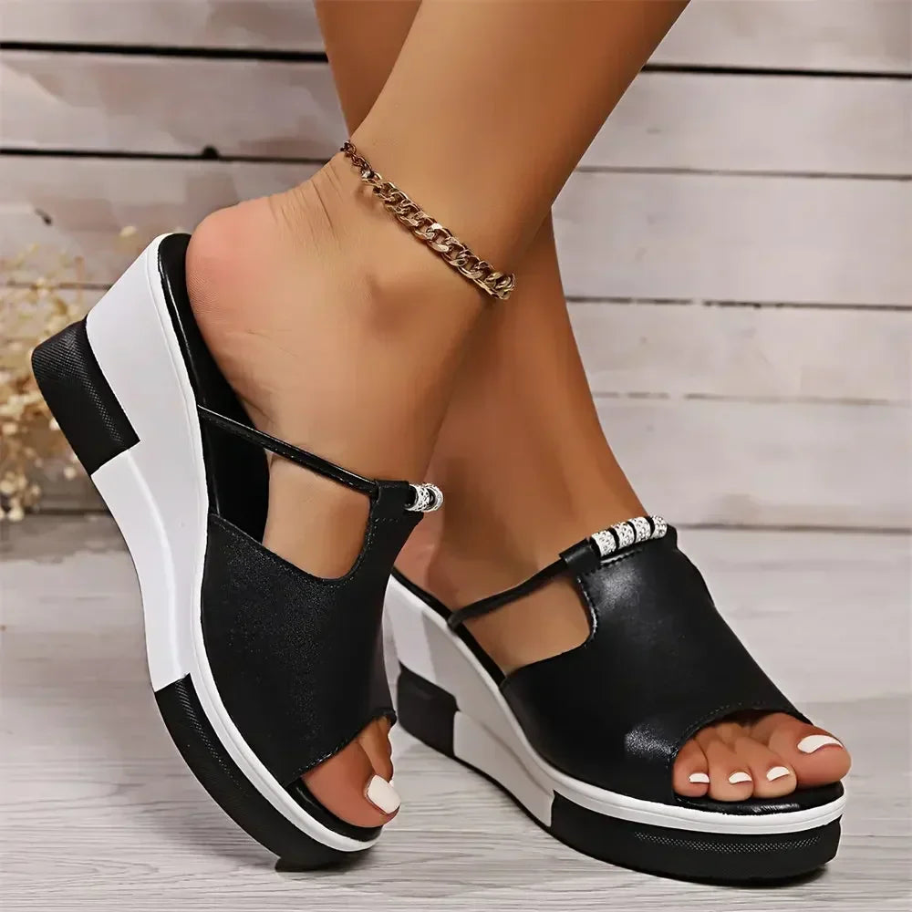 Women's T-Bar Wedge Slide Sandals with Rhinestone Detail