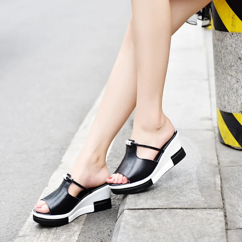 Women's T-Bar Wedge Slide Sandals with Rhinestone Detail