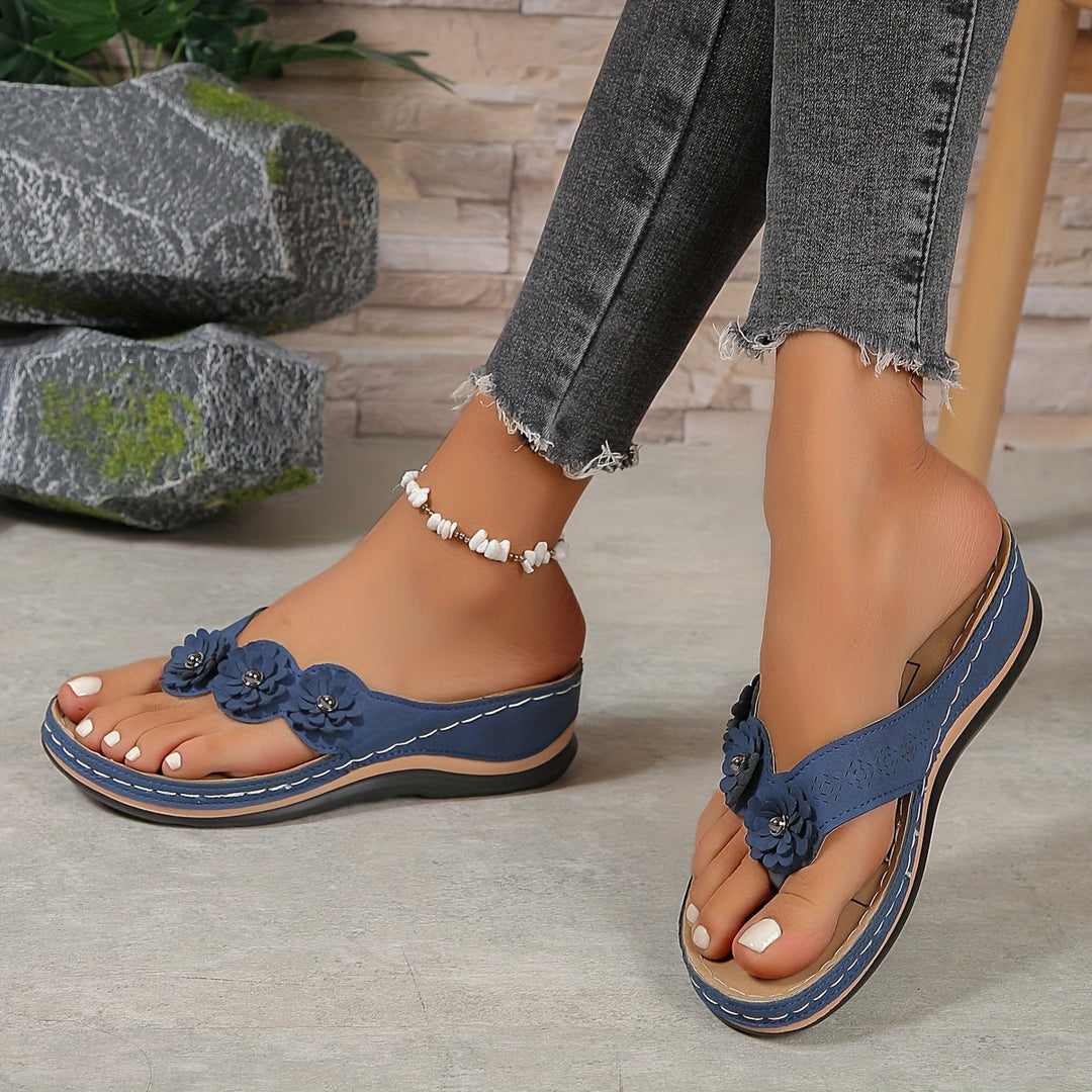 Women's Wedge Sandals with Floral Appliqué Toe Strap