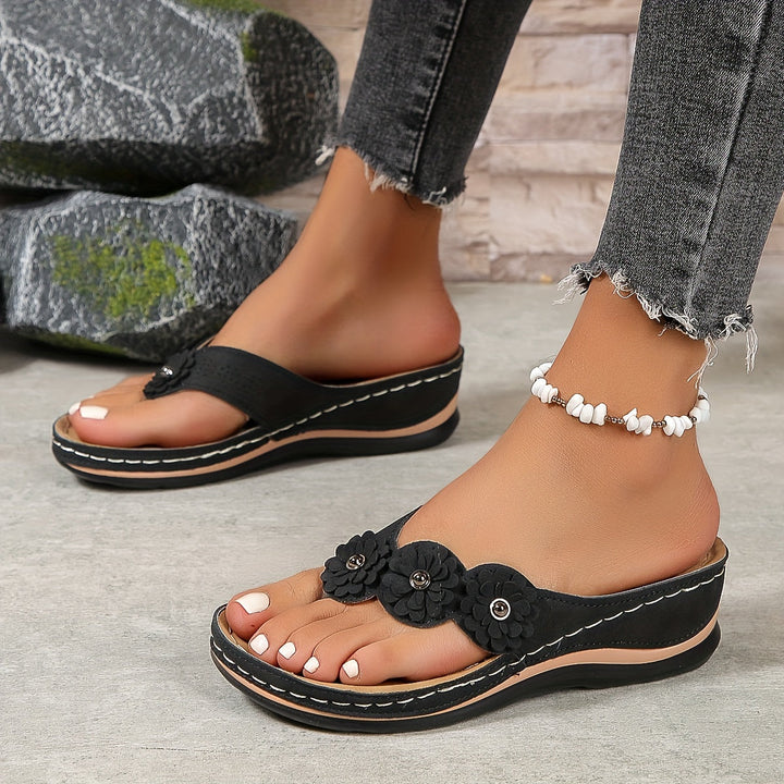 Women's Wedge Sandals with Floral Appliqué Toe Strap