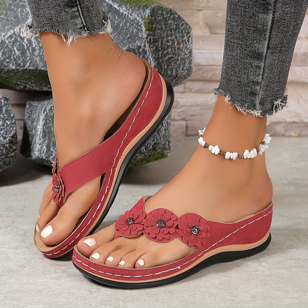 Women's Wedge Sandals with Floral Appliqué Toe Strap