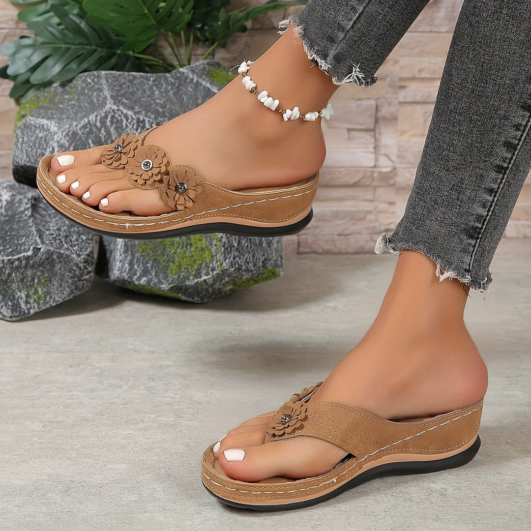Women's Wedge Sandals with Floral Appliqué Toe Strap