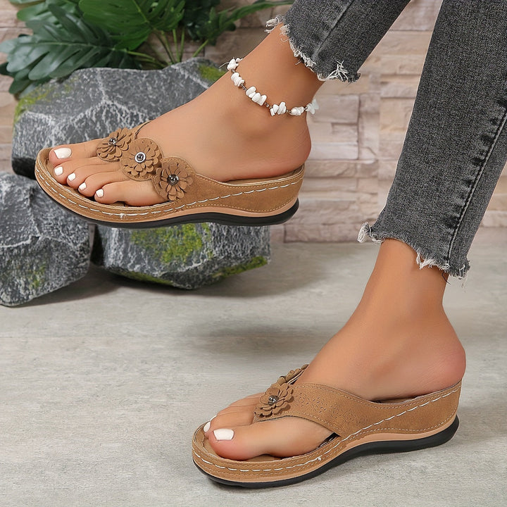 Women's Wedge Sandals with Floral Appliqué Toe Strap