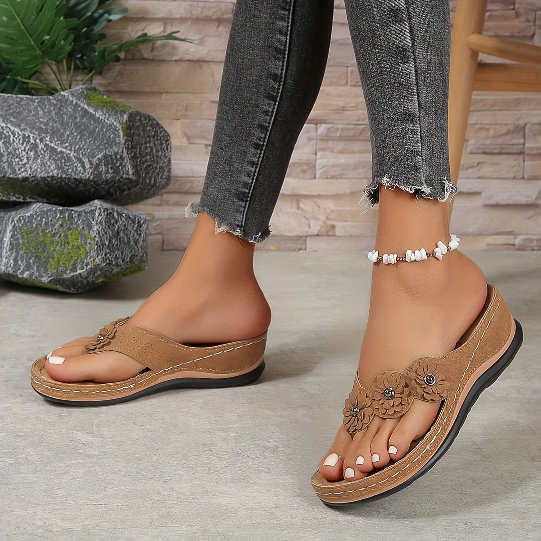Women's Wedge Sandals with Floral Appliqué Toe Strap