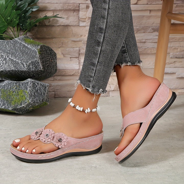 Women's Wedge Sandals with Floral Appliqué Toe Strap