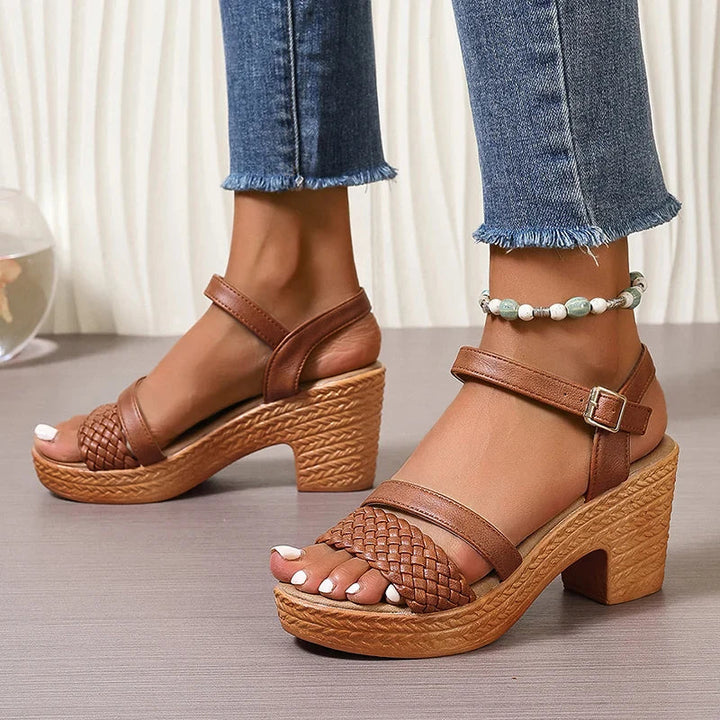 Women's Woven Block Heel Sandals with Ankle Strap