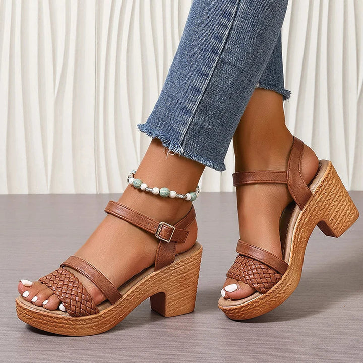 Women's Woven Block Heel Sandals with Ankle Strap
