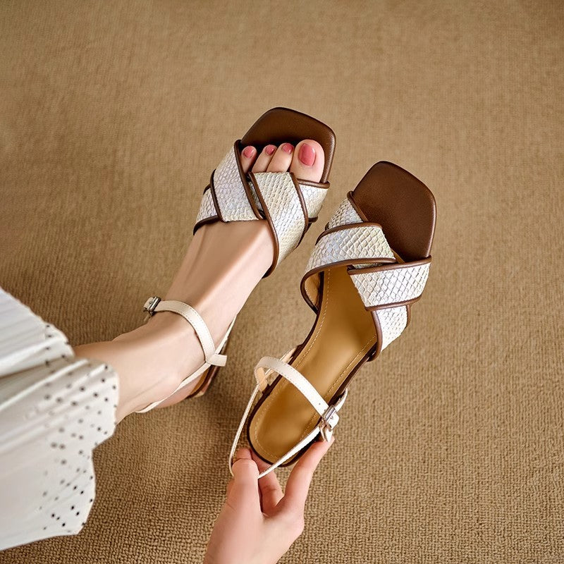 Women's Woven Crossover Strap Low Block Heel Sandals
