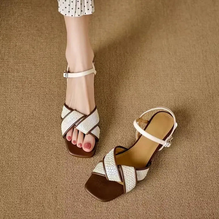 Women's Woven Crossover Strap Low Block Heel Sandals