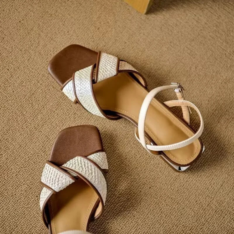 Women's Woven Crossover Strap Low Block Heel Sandals